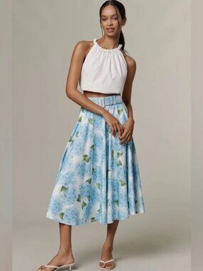 NWT Anthropologie Hutch Cotton-Blend Belted Midi Skirt Hydrangea Blue XS